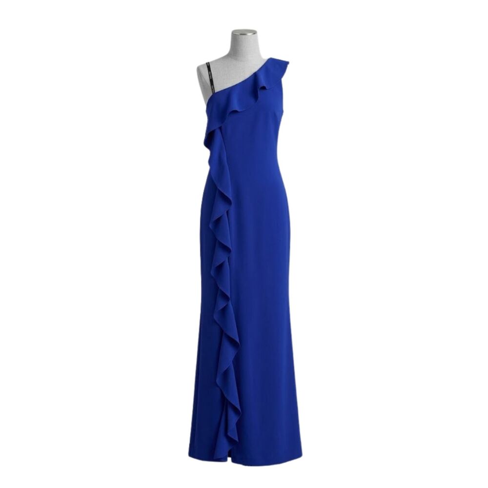 Calvin Klein Blue One Shoulder Ruffle Crepe Gown Evening Dress Size 4
